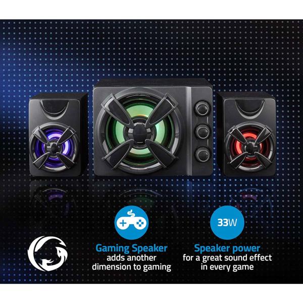 Gaming-Lautsprecher 2.1 Subwoofer - Perfekter Klang für Gaming & Heimkino - 33 Watt Leistung - LED-Lichteffekte - PC, Mac, Handy kompatibel