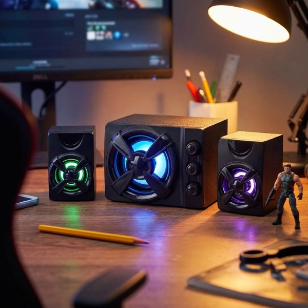 Gaming-Lautsprecher 2.1 Subwoofer - Perfekter Klang für Gaming & Heimkino - 33 Watt Leistung - LED-Lichteffekte - PC, Mac, Handy kompatibel
