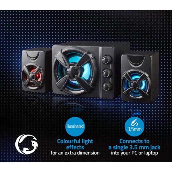 Gaming-Lautsprecher 2.1 Subwoofer - Perfekter Klang für Gaming & Heimkino - 33 Watt Leistung - LED-Lichteffekte - PC, Mac, Handy kompatibel