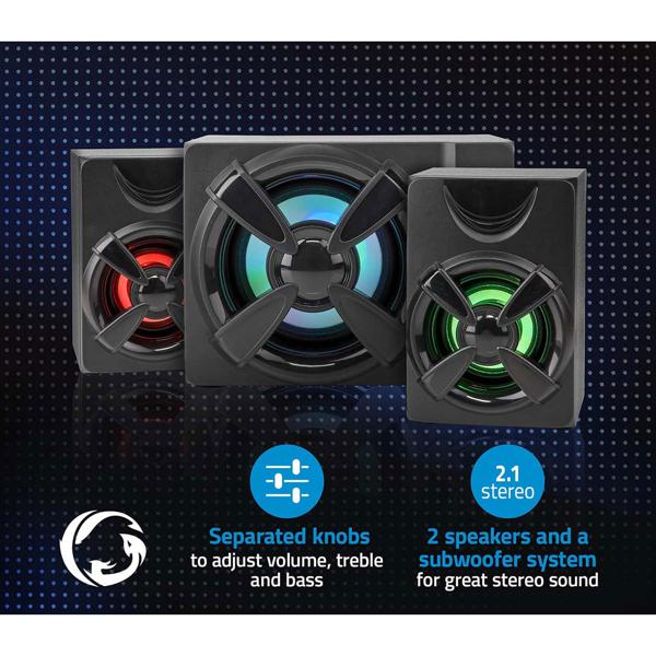 Gaming-Lautsprecher 2.1 Subwoofer - Perfekter Klang für Gaming & Heimkino - 33 Watt Leistung - LED-Lichteffekte - PC, Mac, Handy kompatibel