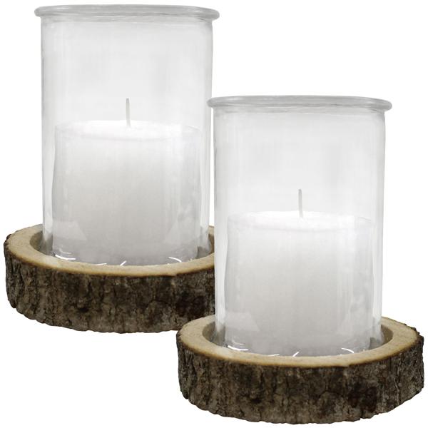 2er-Set Kerzenglas auf Holzsockel - Windlicht Natur mit Echtholzsockel, Rinde - Innen & Aussen - Ø15x21cm/Ø21x4cm - Dekoration & Geschenk