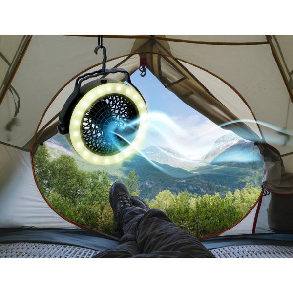 Kompakte 2in1 Camping-Lampe mit Ventilator: 12 LED-Lichter, witterungsbeständig, batteriebetrieben (17x4,7cm) – Ideal für Camping & Outdoor-Abenteuer