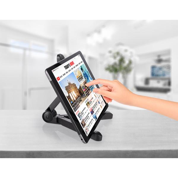 Kompakter Tablet-Halter Schwarz - Einstellbarer 180° Winkel für optimale Sicht unterwegs - Robustes, faltbares Design aus Kunststoff (28x16 cm)