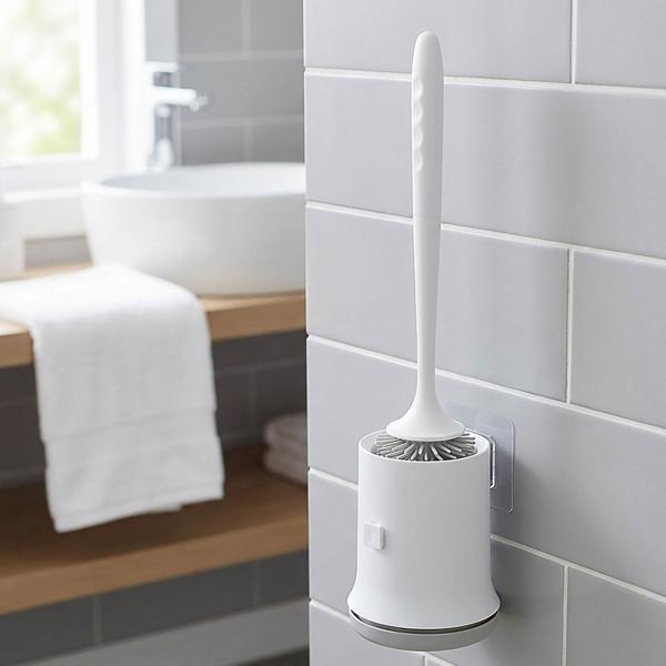 WC-Bürste mit Garnitur zur Wandmontage ohne Bohren - Hygienische Badreinigung, austauschbarer Bürstenkopf - Weiss, Kunststoff, H 13.5 x Ø 11 cm