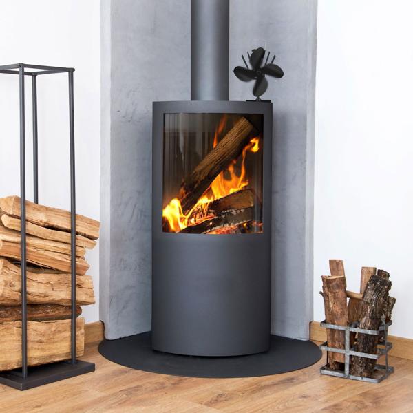 Kaminventilator ohne Strom - 4 Flügel, Aluminium (schwarz) - Ofenventilator für bessere Wärmeverteilung + Behaglichkeit