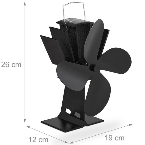 Kaminventilator ohne Strom - 4 Flügel, Aluminium (schwarz) - Ofenventilator für bessere Wärmeverteilung + Behaglichkeit