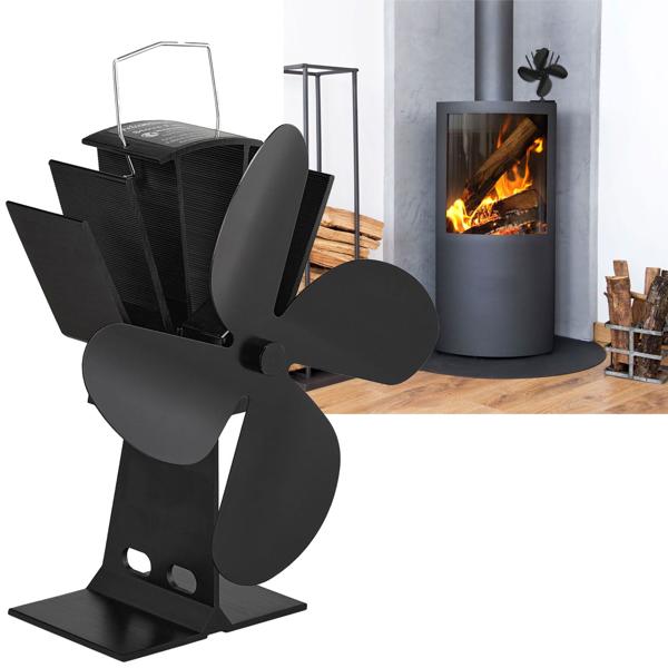 Kaminventilator ohne Strom - 4 Flügel, Aluminium (schwarz) - Ofenventilator für bessere Wärmeverteilung + Behaglichkeit