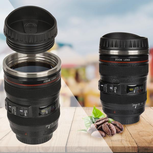 Kameraobjektiv-Kaffeebecher 350ml - Lustiges Geschenk für Foto & Filmfans - Edelstahl-Einsatz - Ideal für heissen Kaffee auf Touren