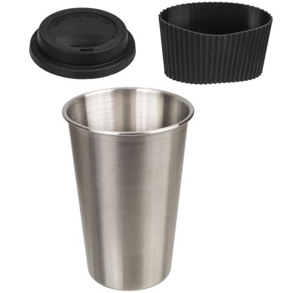 Kaffeebecher, Edelstahl, mit Silikonbanderole und Deckel, 500 ml