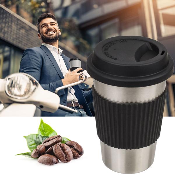 Kaffeebecher, Edelstahl, mit Silikonbanderole und Deckel, 500 ml