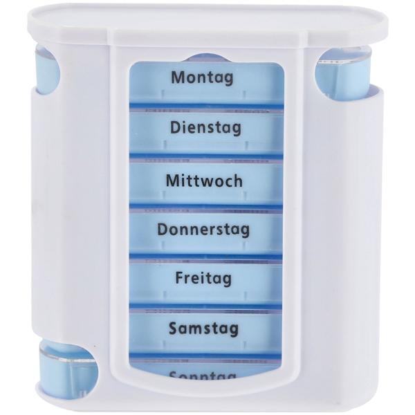 Pillenbox 7 Tage - Weiss/Blau Medikamentendose mit 4 Fächern pro Tag (Morgen-Mittag-Abend-Nacht) - Wochenbox für Medikamente 11.5x4.3x13 cm