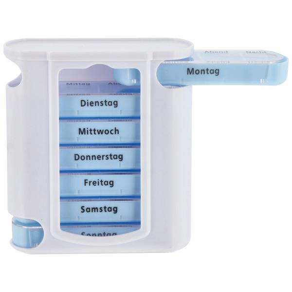 Pillenbox 7 Tage - Weiss/Blau Medikamentendose mit 4 Fächern pro Tag (Morgen-Mittag-Abend-Nacht) - Wochenbox für Medikamente 11.5x4.3x13 cm