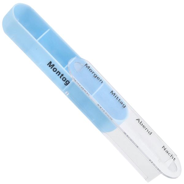 Pillenbox 7 Tage - Weiss/Blau Medikamentendose mit 4 Fächern pro Tag (Morgen-Mittag-Abend-Nacht) - Wochenbox für Medikamente 11.5x4.3x13 cm