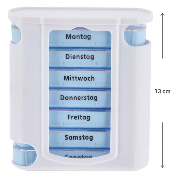 Pillenbox 7 Tage - Weiss/Blau Medikamentendose mit 4 Fächern pro Tag (Morgen-Mittag-Abend-Nacht) - Wochenbox für Medikamente 11.5x4.3x13 cm