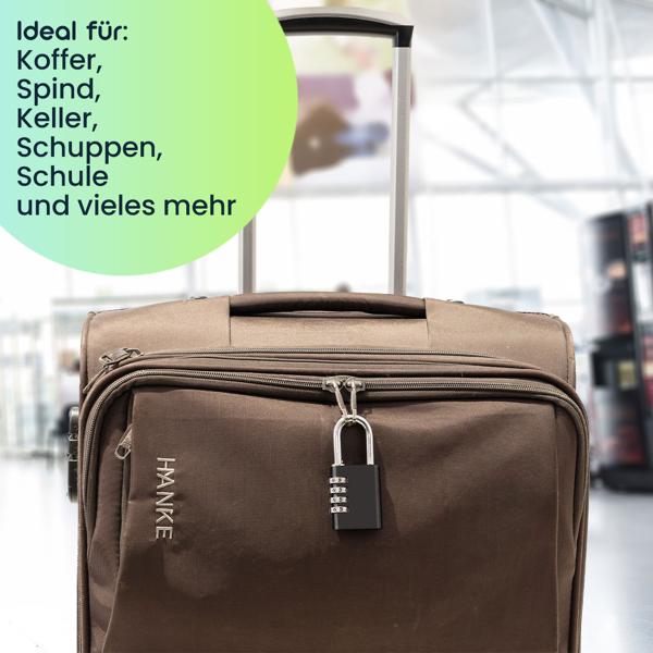 Zahlenschloss Vorhängeschloss 4-stellig – Robustes Koffersschloss aus Aluminium mit Stahlbügel, 10.000 Code-Kombinationen, schwarz