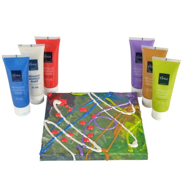 Metallic Acrylfarben Set - 6 leuchtende Farbtöne je 75ml für Künstler & Hobbykünstler - schnelltrocknend & deckend für kreative Kunstwerke und Designs