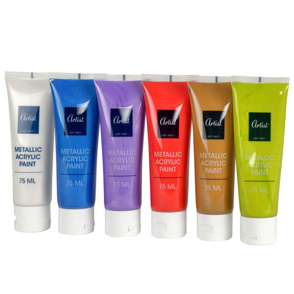 Metallic Acrylfarben Set - 6 leuchtende Farbtöne je 75ml für Künstler & Hobbykünstler - schnelltrocknend & deckend für kreative Kunstwerke und Designs