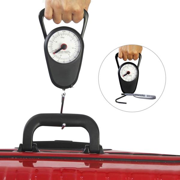 Kompakte analoge Kofferwaage mit integriertem Massband: Bis 35 kg – idealer Begleiter für stressfreies Reisen, schwarz – klein & leicht