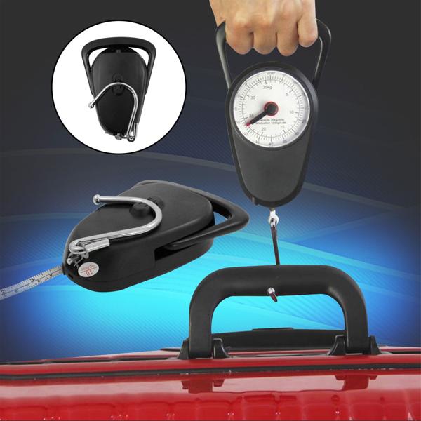 Kompakte analoge Kofferwaage mit integriertem Massband: Bis 35 kg – idealer Begleiter für stressfreies Reisen, schwarz – klein & leicht