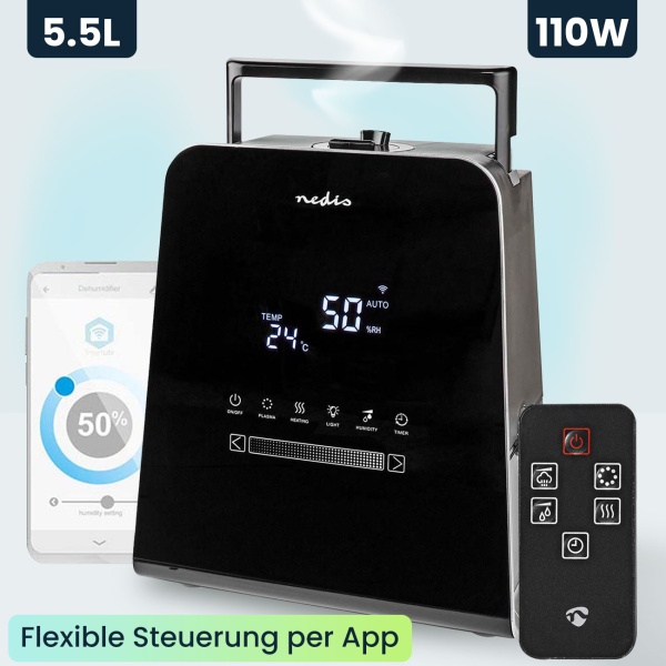 Smarter 5.5L Ultraschallbefeuchter, 110W - mit Hygrometer, Aromafunktion, App, Fernbedienung & Display - schwarz, für optimales Raumklima