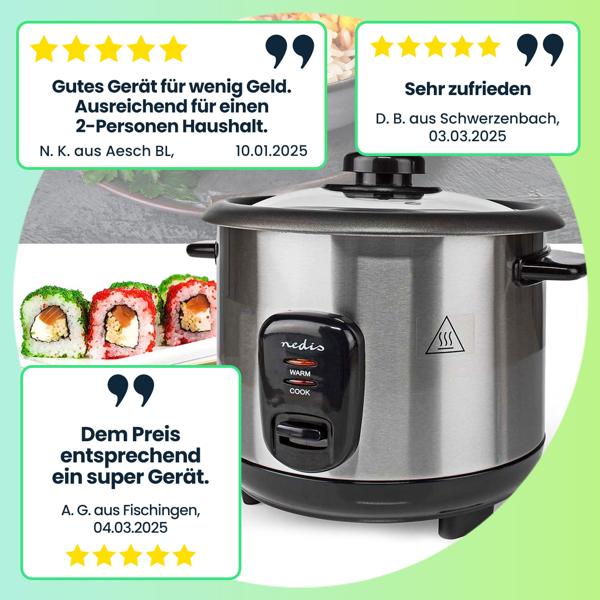 Stilvoller Edelstahl Reiskocher mit Warmhaltefunktion, 1 Liter, 400 W, schwarz - silber, antihaftbeschichtet, für bis zu 5 Portionen leckeren Reis