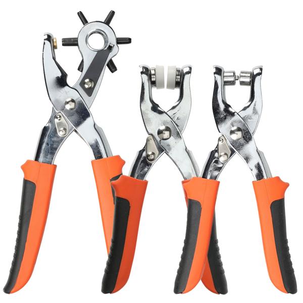 Lochzangen-Set - Revolverlochzange, Druckknopfzange, Nietenzange - für Leder, Textil, Gürtel - 6 Aufsätze (2-4.5mm) - inkl. 100 Ösen, 25 Druckknöpfe