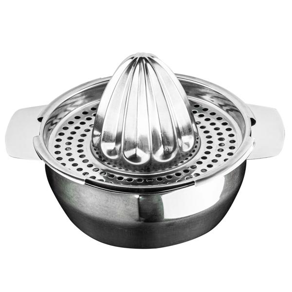 Zitronenpresse Manuell Edelstahl - Für frisch gepresste Fruchtsäfte mit Sieb & Auffangschale - Hygienisch, rostfrei, spülmaschinengeeignet, 16.5x13x10cm