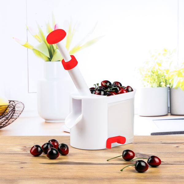 Kirschenentsteiner mit Schlagstempel - Perfekt zum Entkernen grosser Mengen - Mit Auffangbehälter, Saugnäpfen, Edelstahlmesser - 25x12x25 cm, 263g