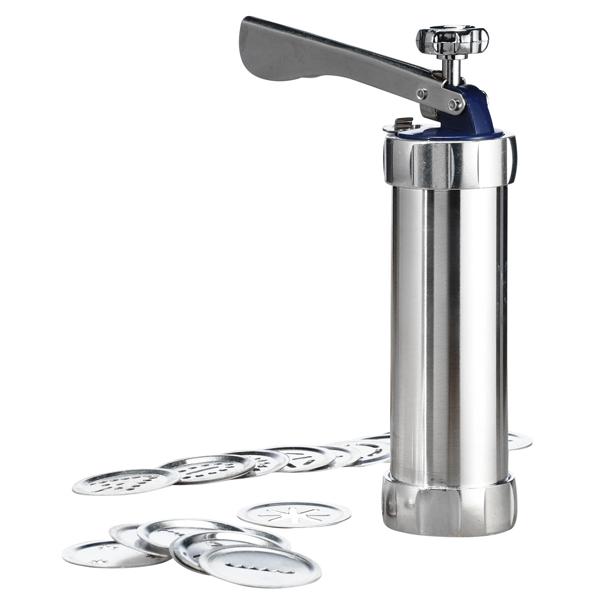 Gebäckpresse Edelstahl Aluminium - Vielseitig Backen, Verzieren, Garnieren - 20 Formscheiben, 4 Spritzaufsätze - Einfache Bedienung & Reinigung