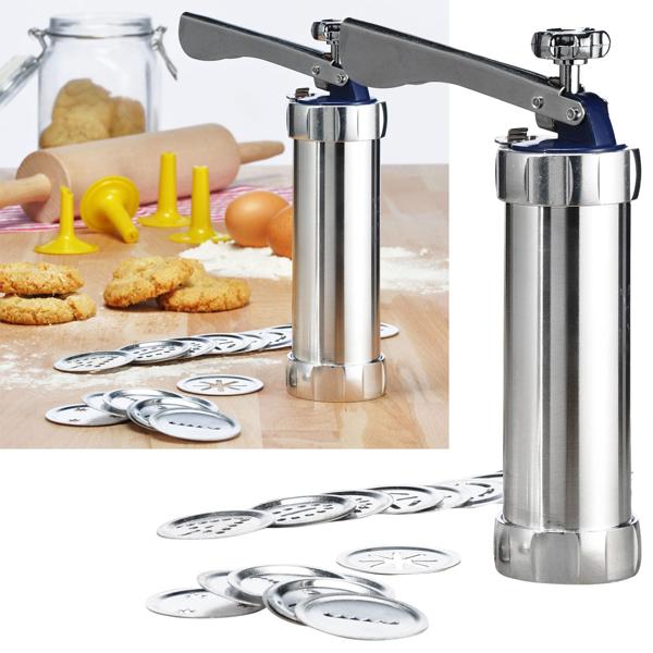 Gebäckpresse Edelstahl Aluminium - Vielseitig Backen, Verzieren, Garnieren - 20 Formscheiben, 4 Spritzaufsätze - Einfache Bedienung & Reinigung