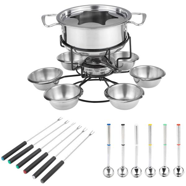 Fondue-Set aus Edelstahl mit Drehgestell für 6 Personen, inkl. Gabeln, Schüsseln und Löffel - Komplett-Set mit Beilagen- & Saucen-Drehgestell