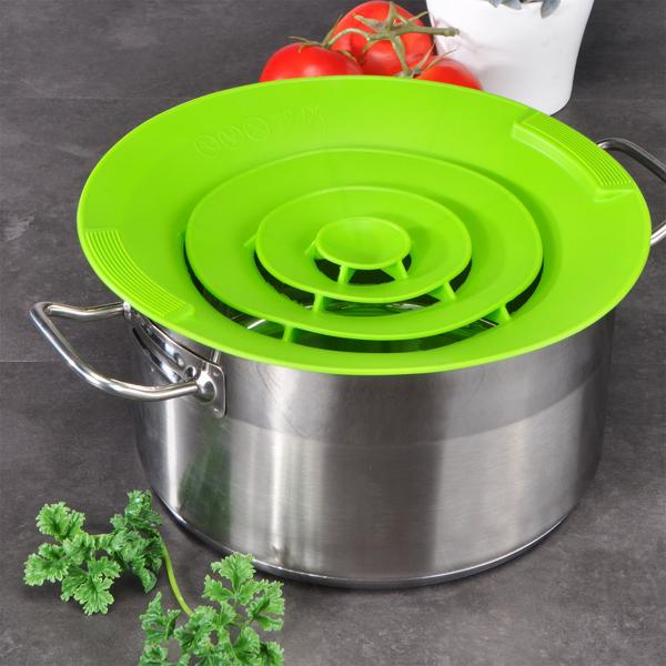 Silikon-Überkochschutz grün - Verhindert Überlaufen, Spritzschutz, Mikrowellen-/Spülmaschinenfest - Ø 15-25cm Töpfe/Pfannen - Hitzebeständig 240° - 175g
