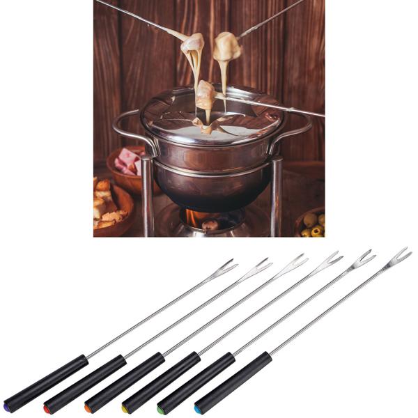 6er-Set Fonduegabeln mit schwarzem Griff - ideal für Käse- & Fleischfondue - farbcodiert, Edelstahl, PP-Kunststoff, 24 cm lang, Ø 3,2 mm, spülmaschinenfest