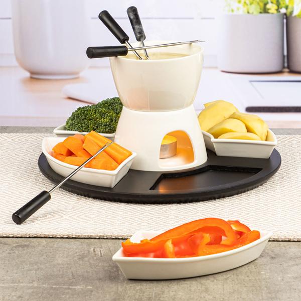 Teelicht-Fondue-Set aus Keramik für 4 Personen – weiss-schwarz, stilvoll & kompakt, perfekt für Schokofondue & Käsefondue für gemütlichen Genuss