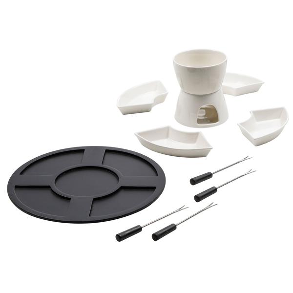 Teelicht-Fondue-Set aus Keramik für 4 Personen – weiss-schwarz, stilvoll & kompakt, perfekt für Schokofondue & Käsefondue für gemütlichen Genuss