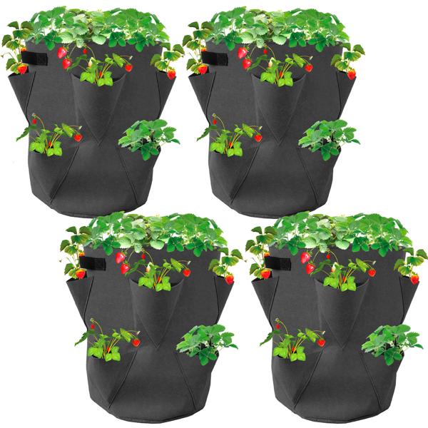 Erdbeer-Pflanzsäcke (4er Set, 43L, Ø35x45cm) - Atmungsaktiver Filz - robuste Tragegriffe - Ideal für Balkon & Terrasse