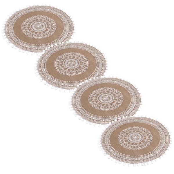 4er-Set rundes Jute Tischset mit Quasten - Boho Platzset für Ess- & Couchtisch - 38x38 cm - schützt Oberflächen vor Kratzern & Flecken - Braun/Weiss