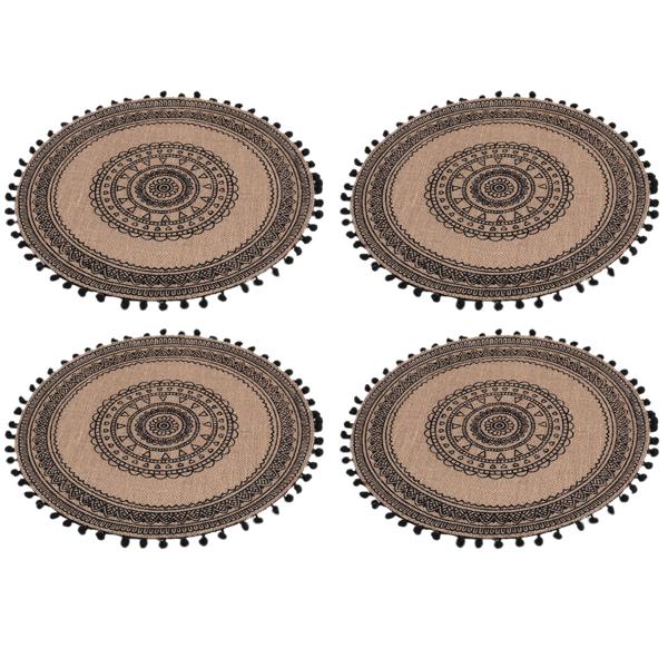 4er-Set rundes Tischset aus Jute mit Bommel - Ethno-Stil, schützt Oberflächen vor Kratzern & Flecken - Ø 38cm, braun-schwarz