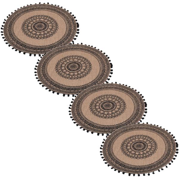 4er-Set rundes Tischset aus Jute mit Bommel - Ethno-Stil, schützt Oberflächen vor Kratzern & Flecken - Ø 38cm, braun-schwarz
