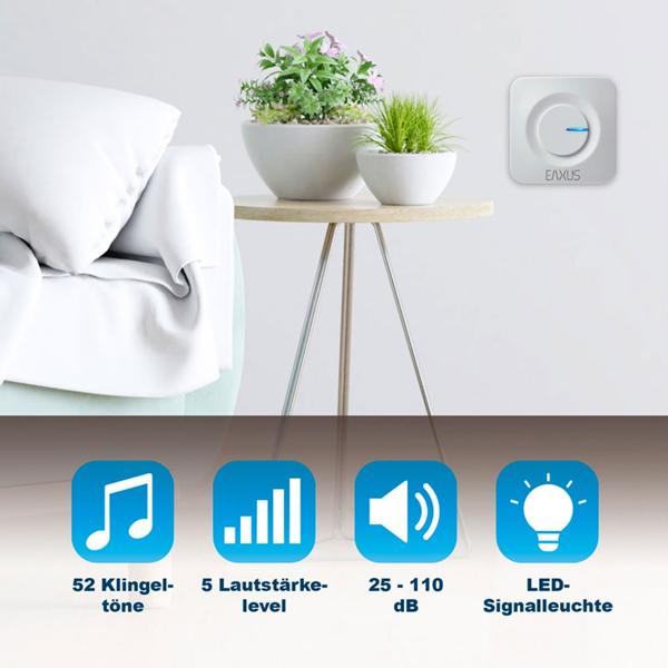 Funk-Türklingel mit LED-Signal – 200 m Reichweite, 5 Lautstärkestufen & einfache Installation – 52 Melodien, IP56 & ideal für Haus, Wohnung & Garten