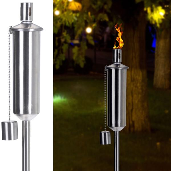 Öl-Gartenfackel Edelstahl 115cm - Mit Sicherheitskappe & Glasfaserdocht - Wetterfest, langlebig - Für Garten, Terrasse, Balkon & Partys