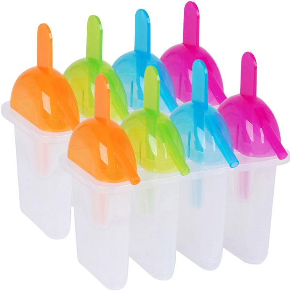 Eis-Bereiter für 8 Eis am Stiel Formen - Für selbstgemachtes Wasser- & Fruchteis - 4 Farben, integrierter Strohhalm, robust, leicht zu reinigen