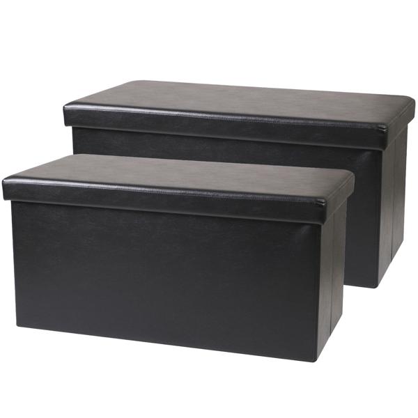 2er-Set Elegante Faltbare Sitztruhe, für 2 Personen, faltbar, Kunstleder in schwarz, mit zusätzlichem Stauraum und komfortablem Sitz