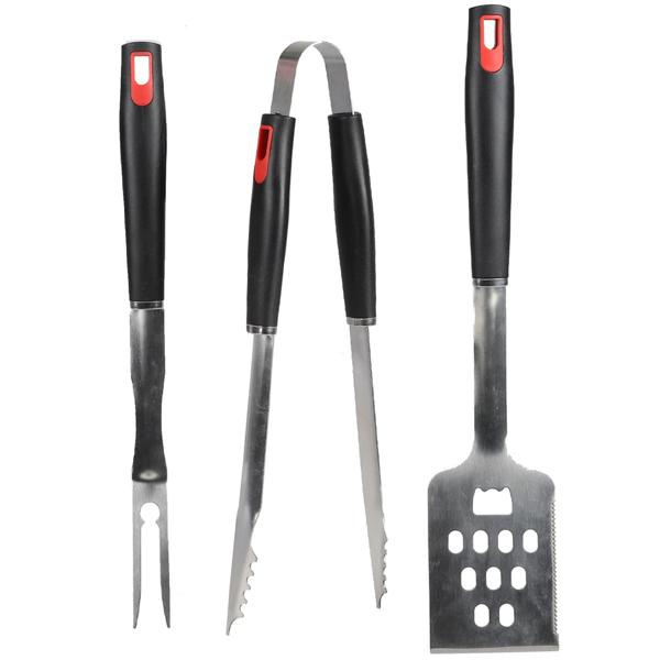 3-teiliges Edelstahl Grillbesteck, 40cm – Grillzange, Grillwender, Grillgabel, Griff rot-schwarz, komplettes BBQ-Werkzeugset