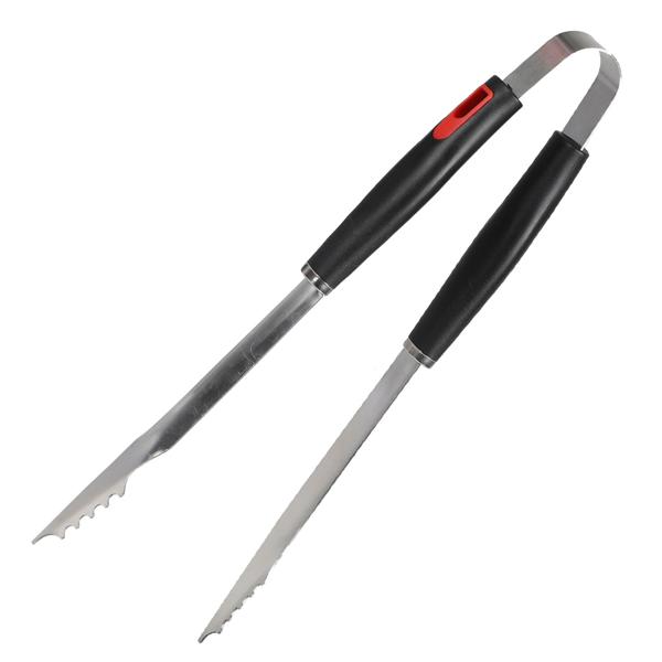 3-teiliges Edelstahl Grillbesteck, 40cm – Grillzange, Grillwender, Grillgabel, Griff rot-schwarz, komplettes BBQ-Werkzeugset