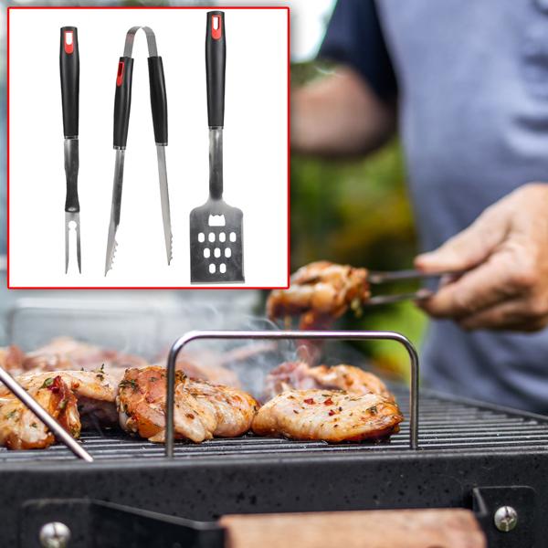 3-teiliges Edelstahl Grillbesteck, 40cm – Grillzange, Grillwender, Grillgabel, Griff rot-schwarz, komplettes BBQ-Werkzeugset
