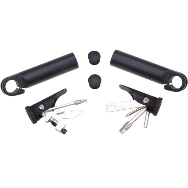 Lenkerzusatzgriffe integriertes Werkzeug-Set - Komfort für Velos, gegen Pannen, mit Inbus, Schraubendreher, Kettennieter, Reifenheber - Aluminium schwarz Ø 29x130mm