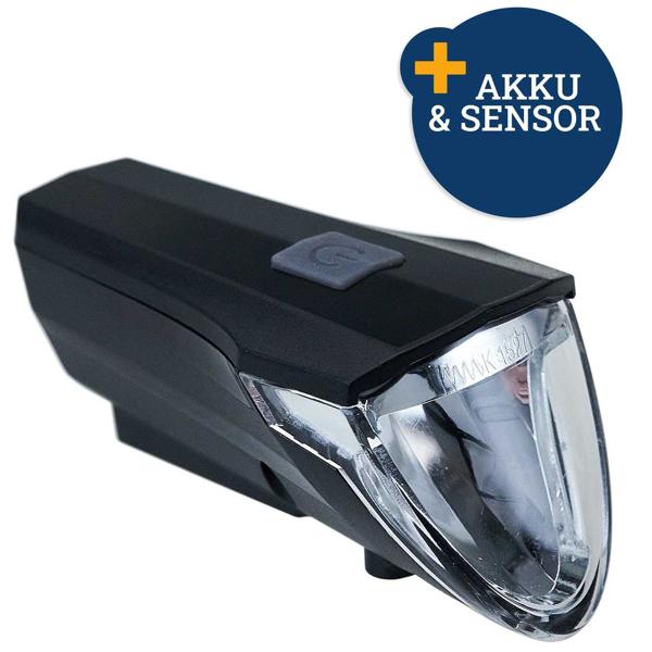 LED-Akku-Velolicht 60 Lux – Helligkeitssensor für automatische Leuchtstärke-Anpassung – IPX4 Spritzwasserschutz, USB-aufladbar, 3 Helligkeitsstufen
