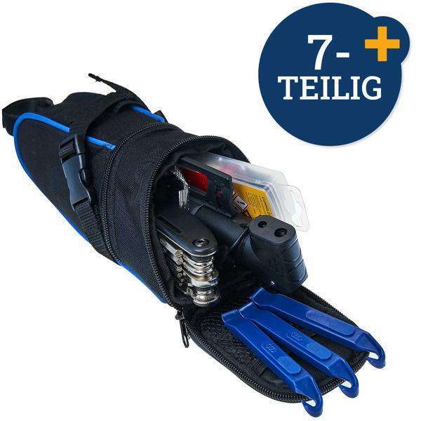 Velo-Werkzeug-Set 7-teilig - Komplett-Reparaturset für Fahrrad-Pannenhilfe - Inkl. Teleskop-Luftpumpe, Reifenheber, Multitool & Transporttasche