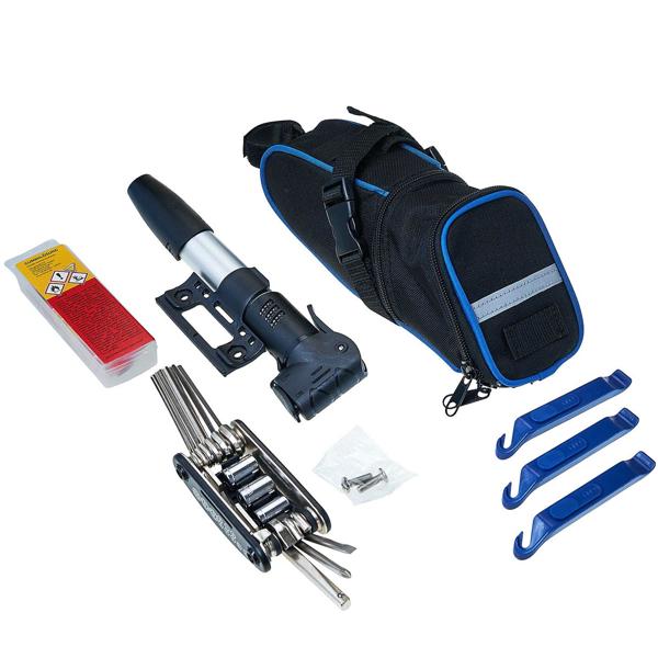 Velo-Werkzeug-Set 7-teilig - Komplett-Reparaturset für Fahrrad-Pannenhilfe - Inkl. Teleskop-Luftpumpe, Reifenheber, Multitool & Transporttasche